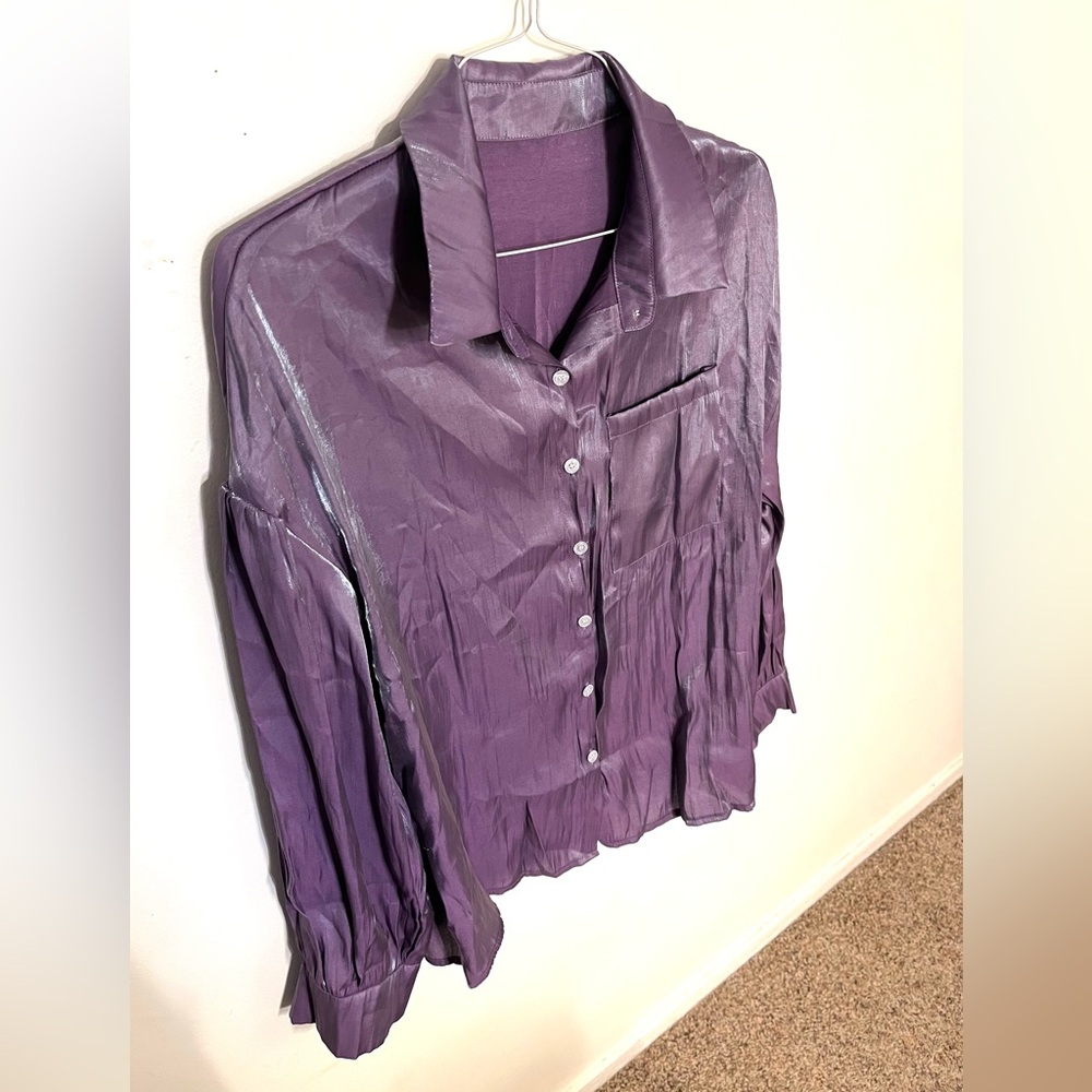 Beautiful, shiny, satiny, dark lavender size L button down blouse. NWOT.